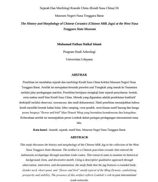 Sejarah Dan Morfologi Kramik China (Kendi Susu China) Di  Museum Negeri Nusa Tenggara Barat 